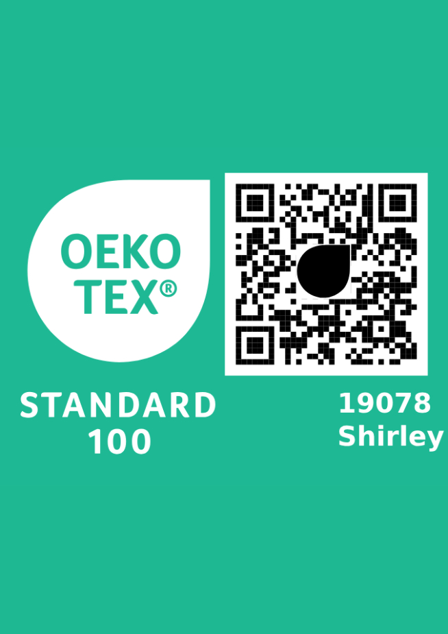 OEKO-TEX Standard 100 label with QR code and certification number 19078 Shirley.