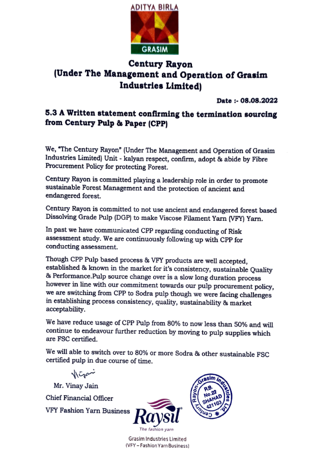 Written statement from Century Rayon, under Grasim Industries Limited, confirming the termination of sourcing from Century Pulp & Paper (CPP) for Viscose Filament Yarn production, dated 08 August 2022