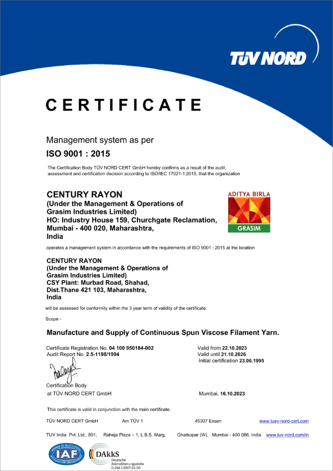 ISO 9001:2015 Certificate awarded to Century Rayon