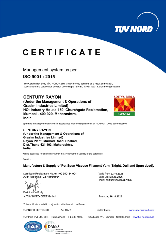 ISO 9001:2015 Certificate awarded to Century Rayon, under the management of Grasim Industries Limited