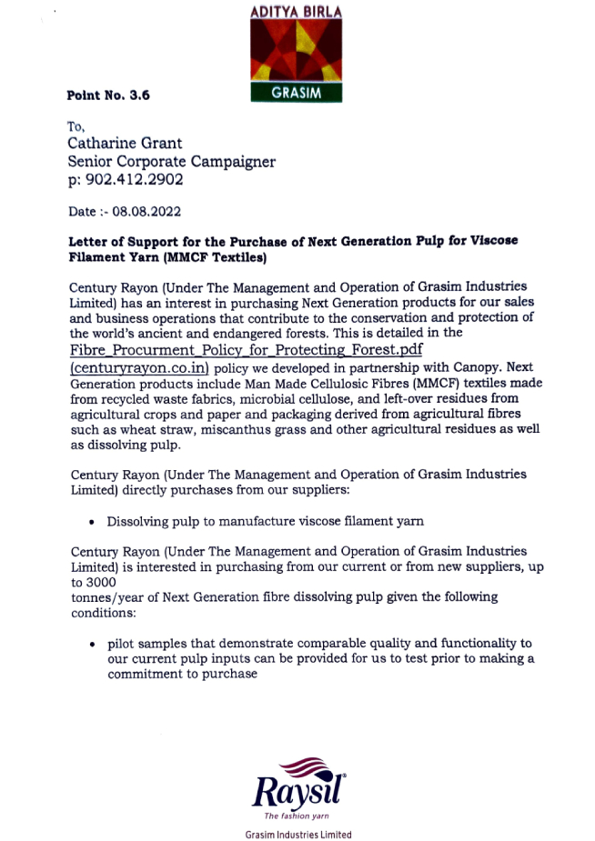 Letter of Support from Century Rayon under Grasim Industries Limited, dated 08 August 2022, to Catharine Grant, Senior Corporate Campaigner, expressing interest in purchasing Next Generation Pulp for Viscose Filament Yarn production (MMCF Textiles).