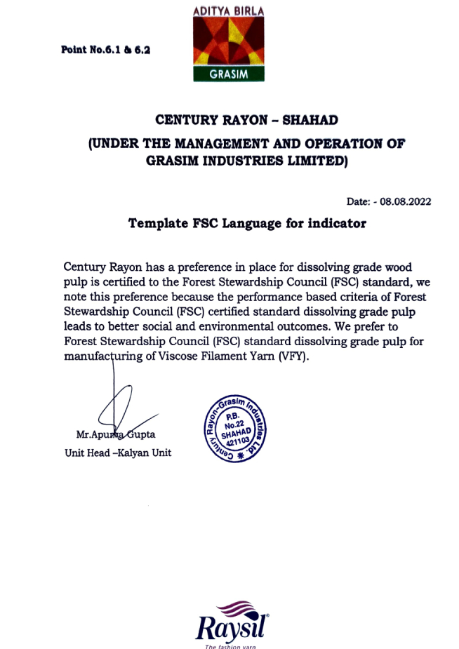 Template FSC Language for Indicator, issued by Century Rayon under Grasim Industries Limited on 08 August 2022, indicating preference for Forest Stewardship Council (FSC) certified dissolving grade pulp for Viscose Filament Yarn (VFY) production.