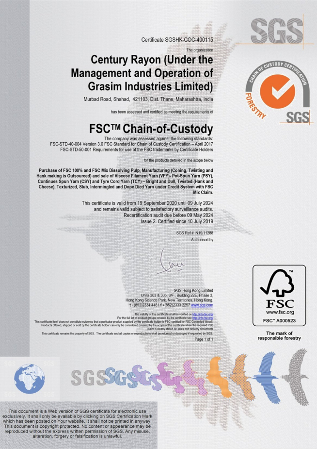 FSC Chain-of-Custody Certificate awarded to Century Rayon, under the management of Grasim Industries Limited