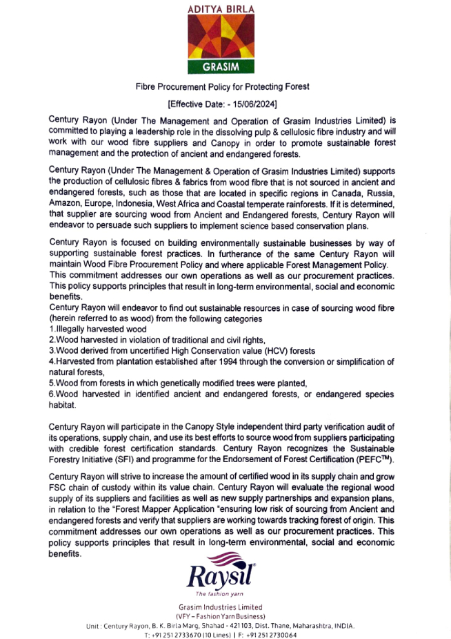 Fibre Procurement Policy for Protecting Forests by Century Rayon under Grasim Industries Limited, effective 15 June 2024