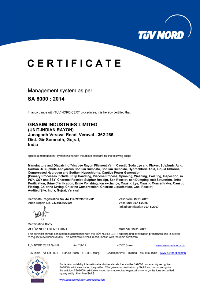 SA 8000:2014 Certificate awarded to Grasim Industries Limited (Unit Indian Rayon) for the manufacture