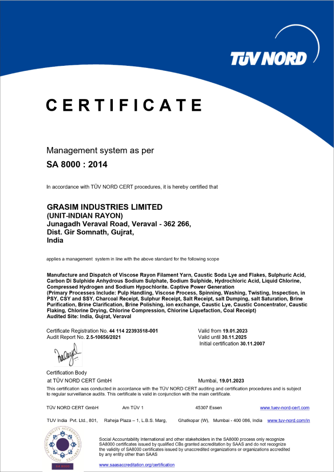 SA 8000:2014 Certificate awarded to Grasim Industries Limited (Unit Indian Rayon) for the manufacture and dispatch of viscose rayon filament yarn, caustic soda lye and flakes, sulphuric acid, and other chemicals. Issued by TUV NORD CERT GmbH, valid until 31 January 2025.