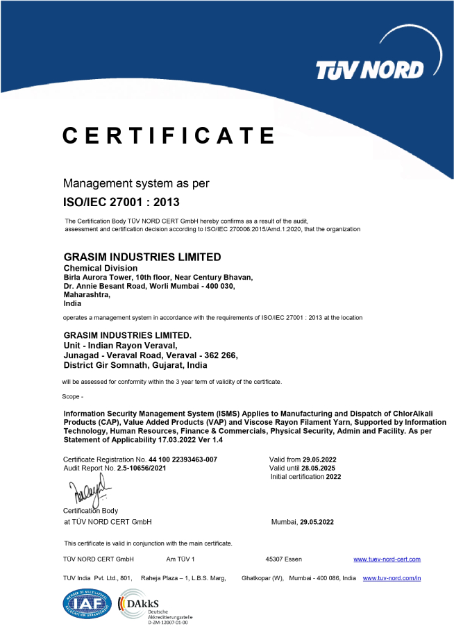 ISO/IEC 27001:2013 Certificate awarded to Grasim Industries Limited for the Information Security Management System (ISMS) 