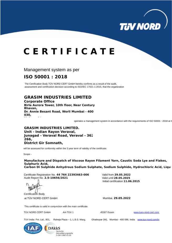 ISO 50001:2018 Certificate awarded to Grasim Industries Limited for the manufacture and dispatch of viscose rayon filament yarn, caustic soda lye and flakes, sulphuric acid, and other chemicals.