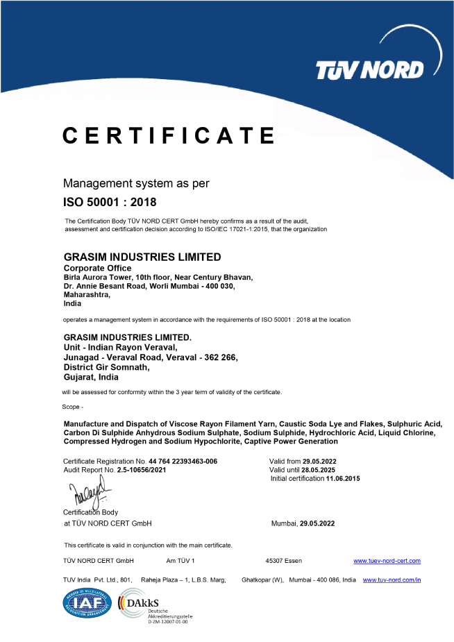 ISO 50001:2018 Certificate awarded to Grasim Industries Limited for the manufacture and dispatch of viscose rayon filament yarn, caustic soda lye and flakes, sulphuric acid, and other chemicals. 