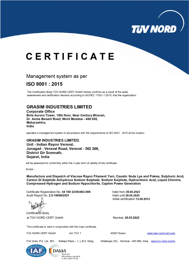 ISO 9001:2015 Certificate awarded to Grasim Industries Limited for the manufacture and dispatch of viscose rayon filament yarn, caustic soda lye and flakes, sulphuric acid, and other chemicals.