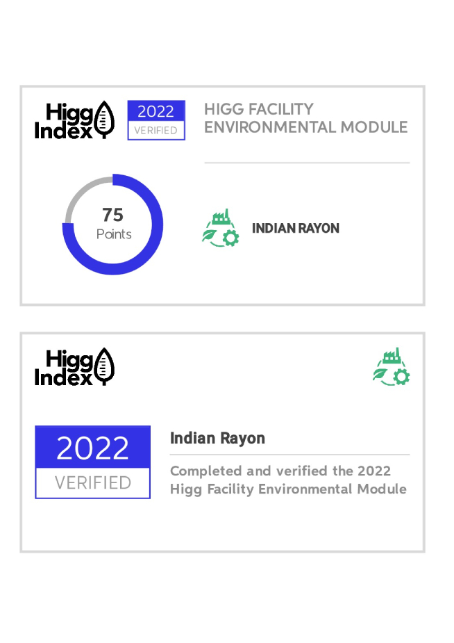 Higg Index 2022 Verified badge for Indian Rayon, showing 75 points for completing and verifying the Higg Facility Environmental Module.