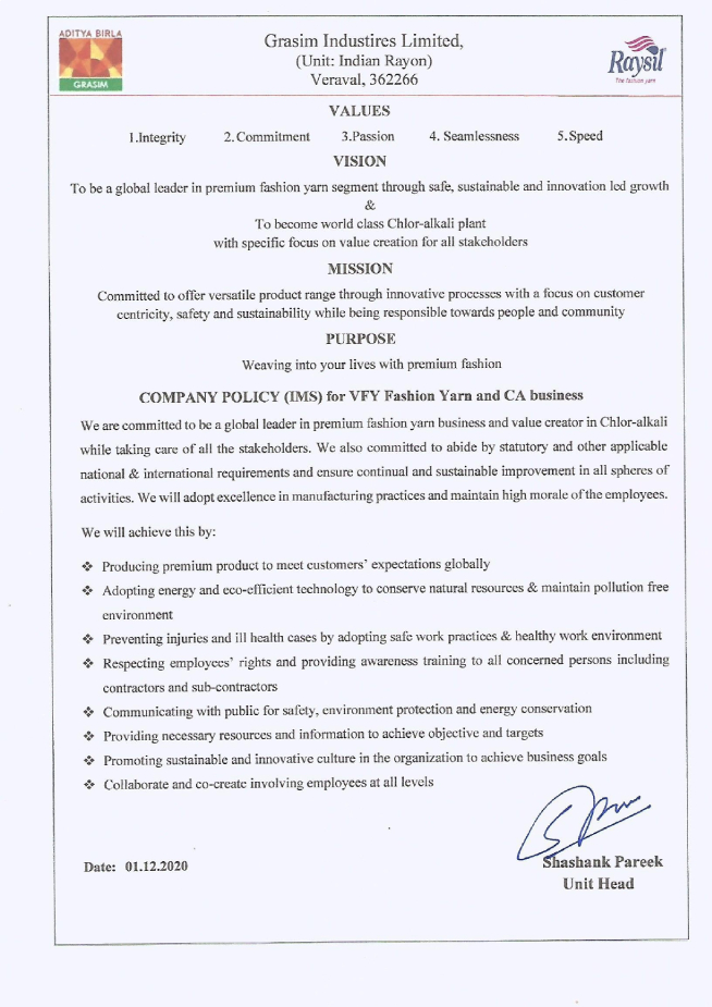 Grasim Industries Limited (Unit Indian Rayon) company policy document outlining values, vision, mission, and commitment for VFY Fashion Yarn and CA business.