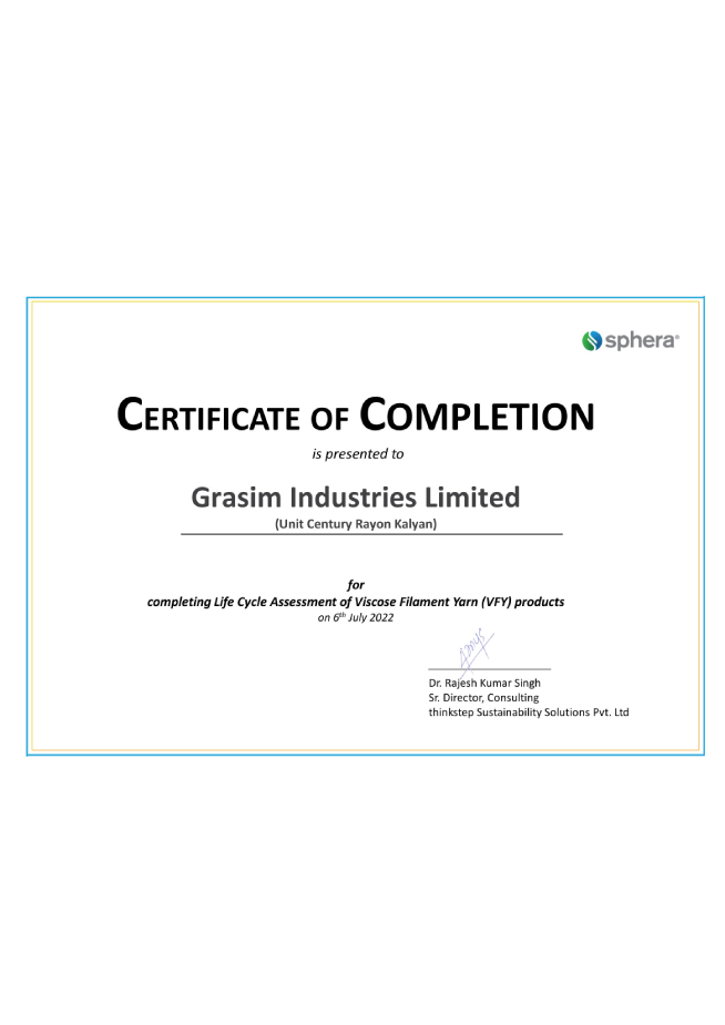 Life Cycle Assessment Certificate of Completion awarded to Grasim Industries Limited