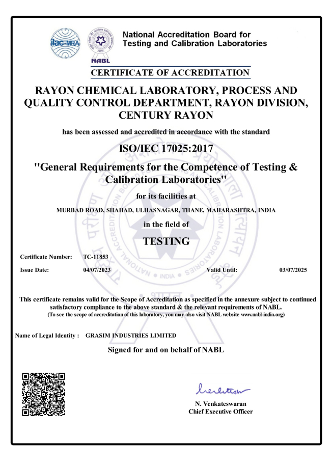 ISO/IEC 17025:2017 Certificate of Accreditation awarded to Rayon Chemical Laboratory