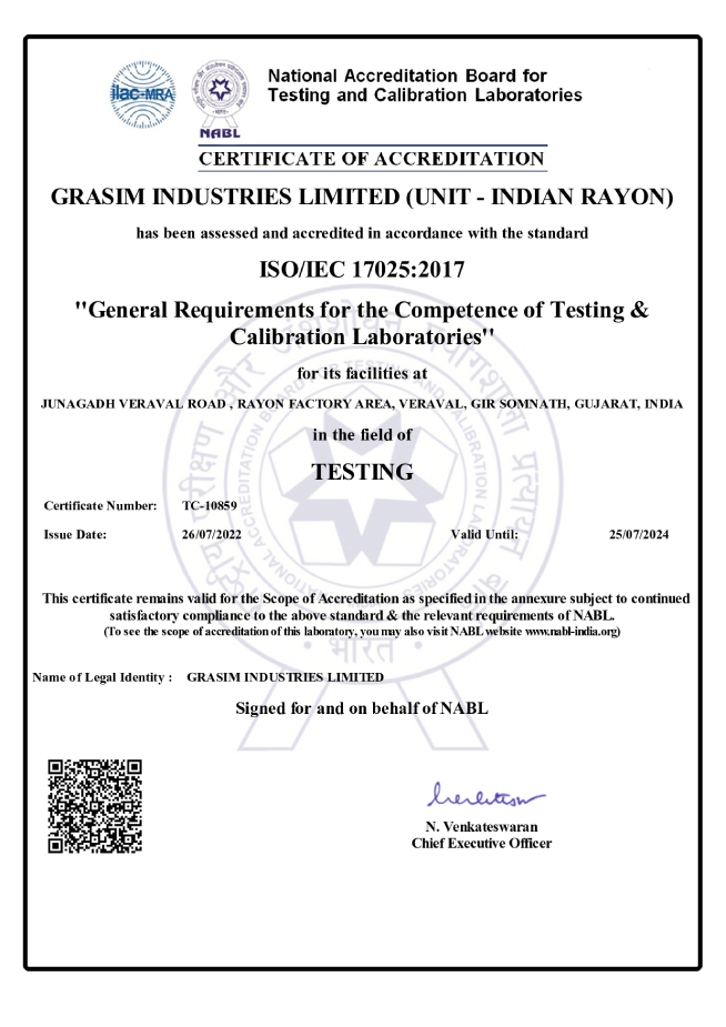 ISO/IEC 17025:2017 Certificate of Accreditation awarded to Grasim Industries Limited (Unit Indian Rayon) for competence in testing and calibration laboratories at Veraval, Gujarat.