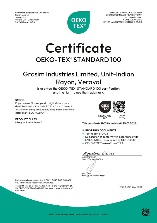 OEKO-TEX Standard 100 Certificate awarded to Grasim Industries Limited, Unit Indian Rayon, Veraval, for rayon viscose filament yarn in bright, dull, and dope-dyed varieties. Valid until 25 January 2025.