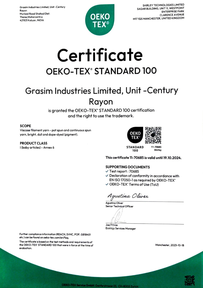 OEKO-TEX Standard 100 Certificate awarded to Grasim Industries Limited, Unit Century Rayon, for viscose filament yarn