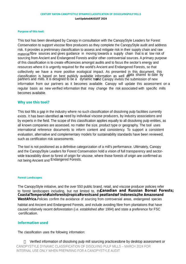 Century Rayon CanopyStyle dynamic classification of dissolving pulp mills, updated August 2024.
