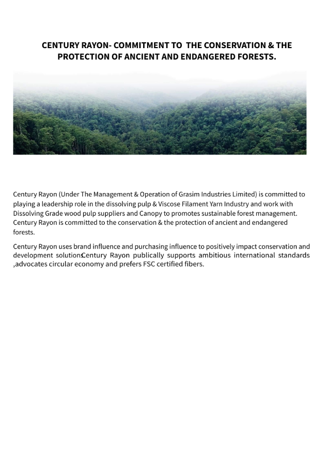 Century Rayon commitment to the conservation and protection of ancient and endangered forests, featuring an image of a dense forest. 