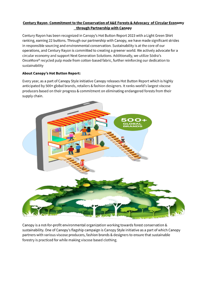 Century Rayon commitment to conservation and circular economy through partnership with Canopy, highlighted in Canopy's Hot Button Report 2023